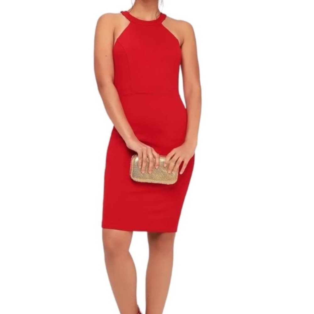 Lulu's All Eyes on Me Striking Red Backless Bodycon Halter Mini Dress